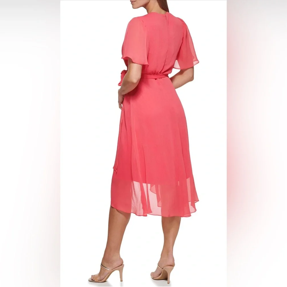 Dkny Pink Midi Dress with Flutter Sleeves and Pleated Wrap - Picture 2 of 3